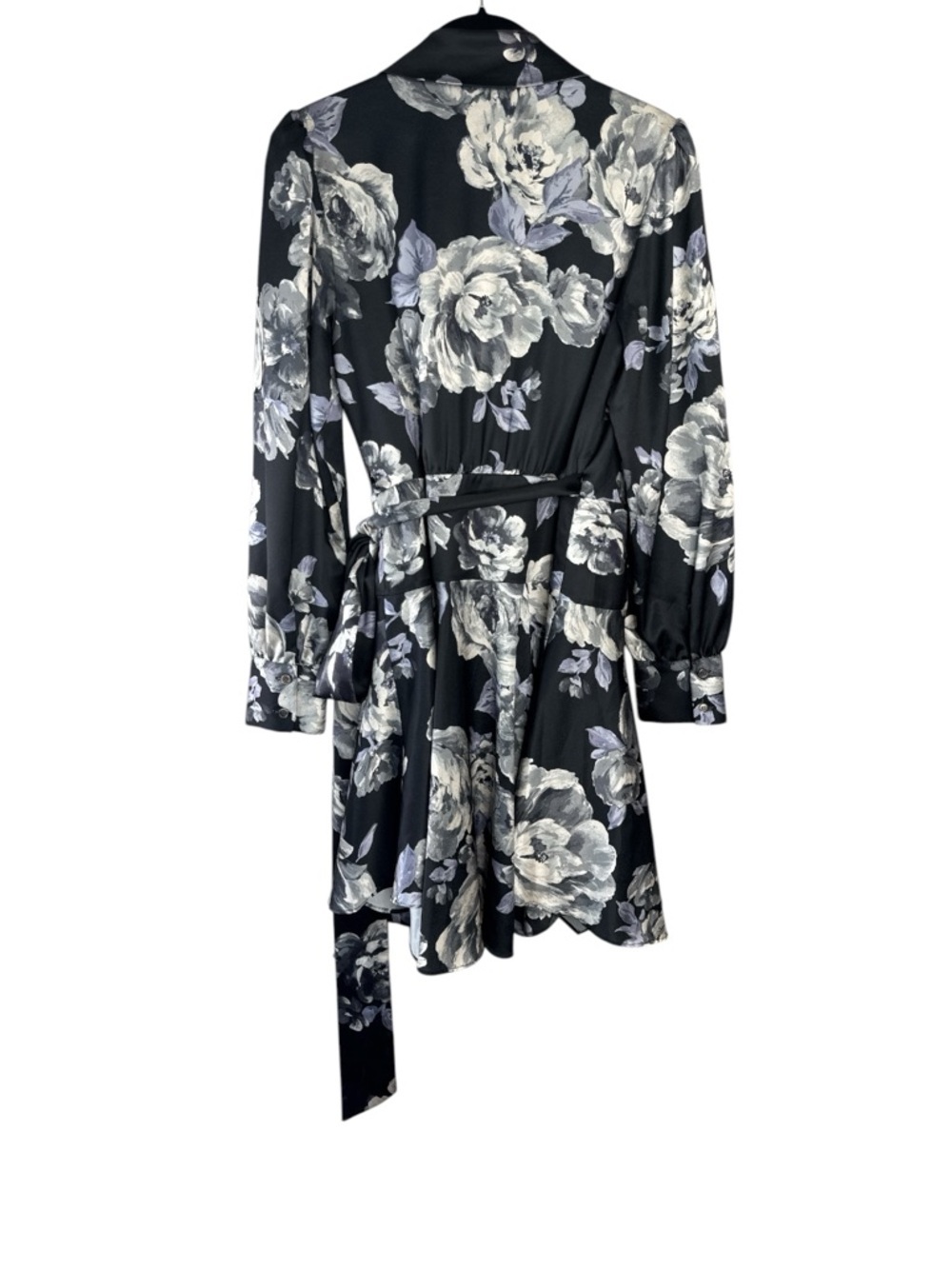 MILLY Samara Satin Floral Wrap Mini Dress Black Gray Size 6 - Picture 10 of 15